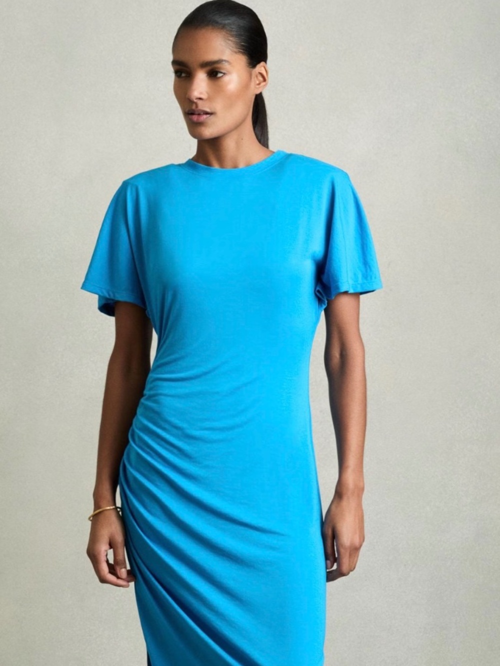 Cerulean blue Reiss modal ruched slinky midi dress size S